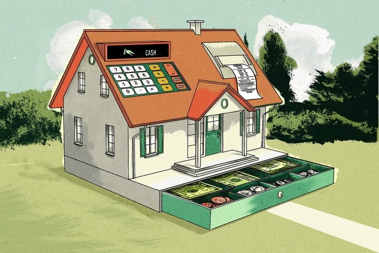 Drawing of a house as a cash register symbolizing the equity one has in their home